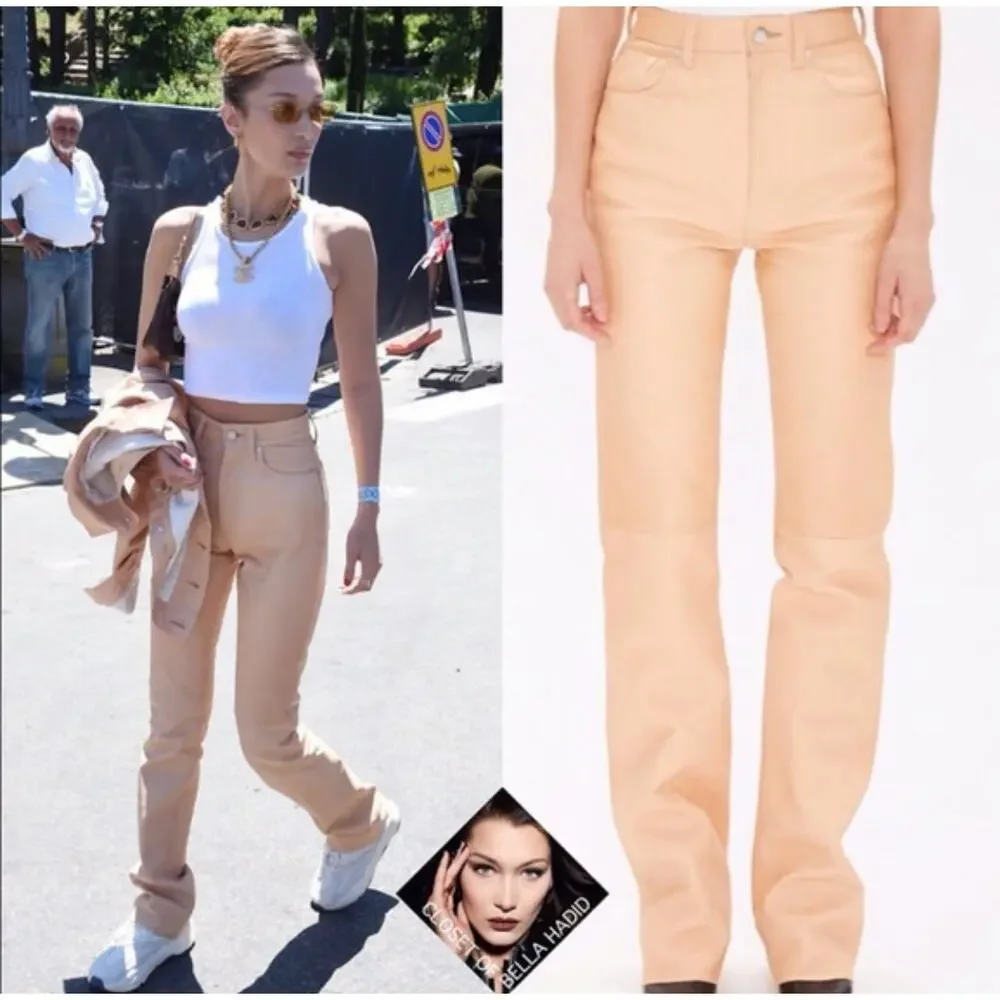 Helmut Lang Femme Hi Bootcut Pants Raw Leather Slim Fit High Rise Natural Sz 24